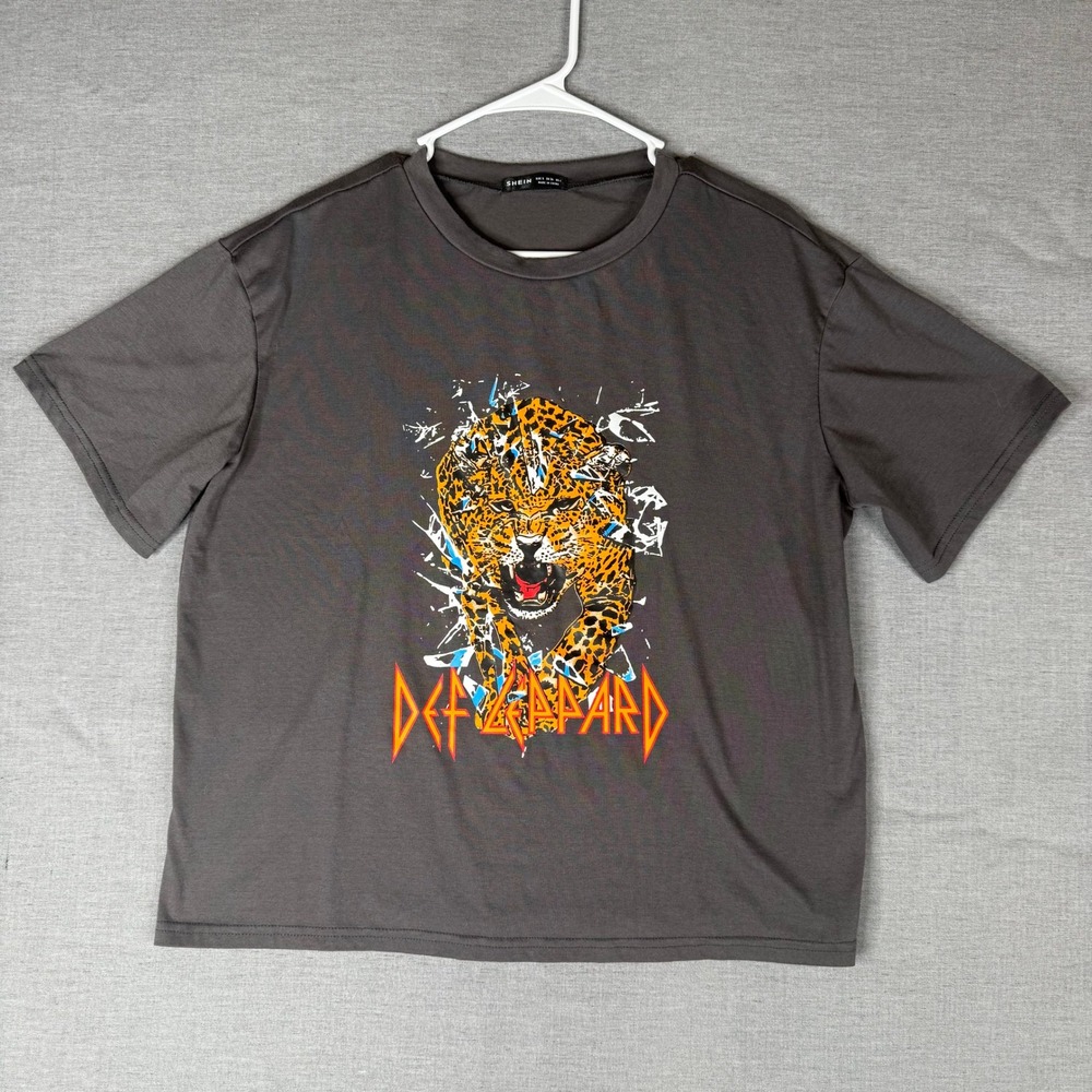 Shein Def Leppard Graphic T-Shirt‎ Leopard Print Rock Band Tee Gray Small